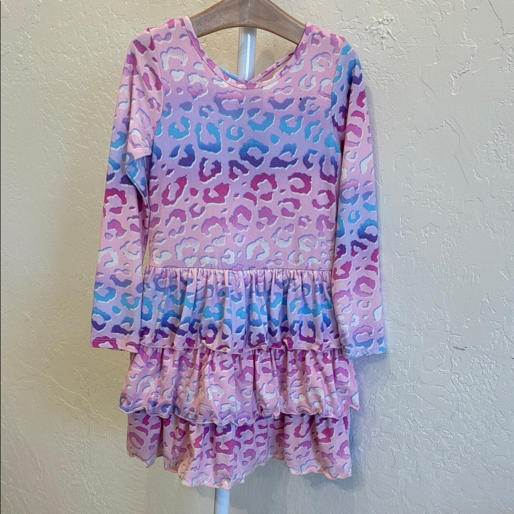 Pixie Lane Girls' Pink Multi-Color Leopard Ruffle Dress